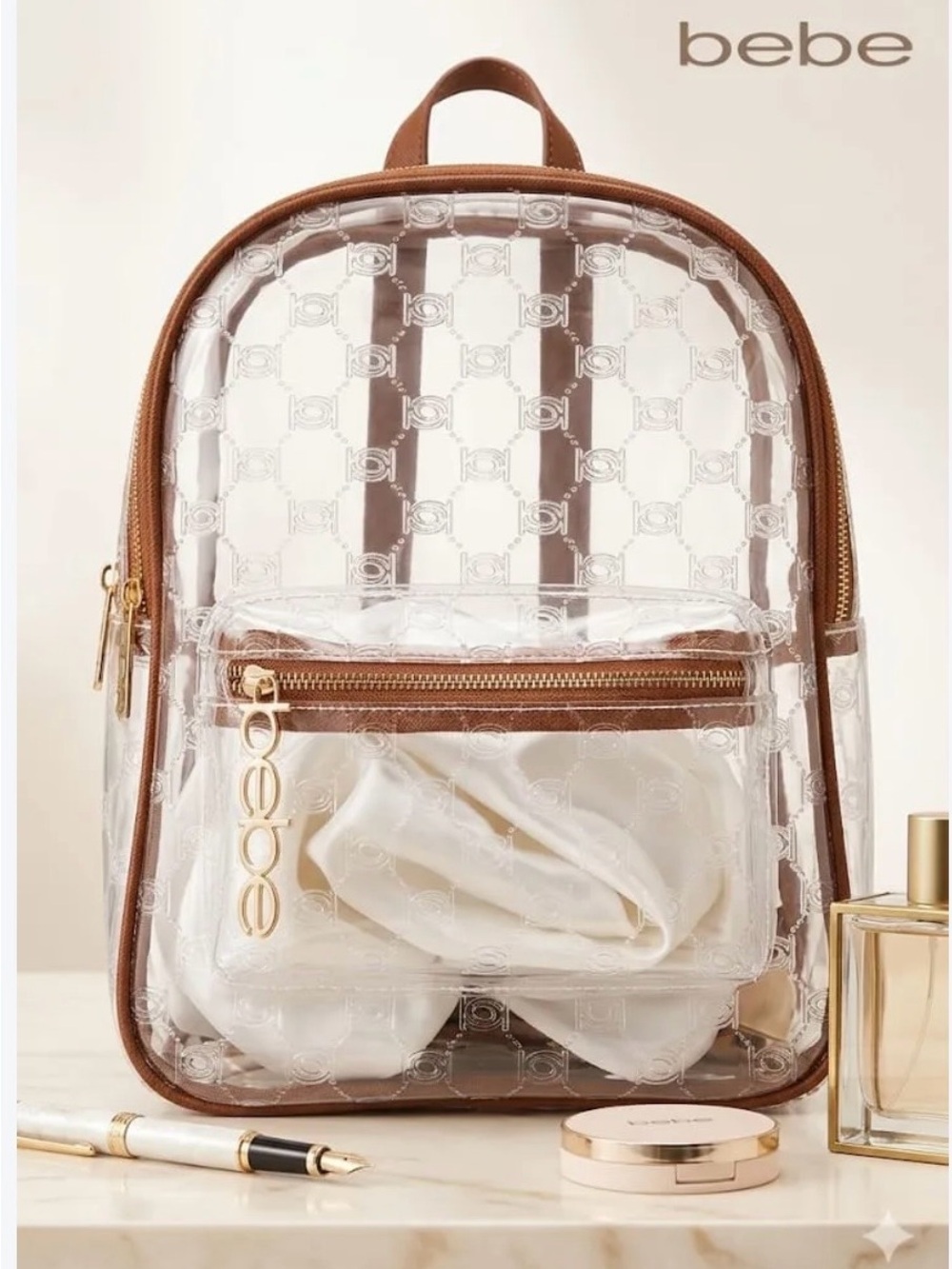 NWT-BEBE-Caitlin Clear Backpack with Brown Trim and Gold Accents